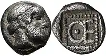 Coin of Themistocles as Achaemenid Governor of Magnesia. Rev: Letters ΘΕ, initials of Themistocles. Circa 465-459 BC