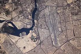 Dubai International Airport and Dubai Creek figure prominently in this photograph from the International Space Station.