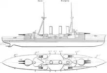 side and top view diagrams of the ship