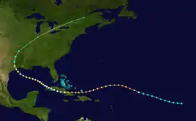 Map showing the path of a tropical cyclone, which generally moves from right to left. The track crosses over several landmasses to the left of the image, before curving towards the upper half of the map.