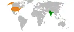 Map indicating locations of India and United States