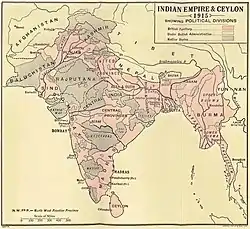 The Indian Empire in 1915 after the reunification of Bengal, the creation of the new province of Bihar and Orissa, and the re-establishment of Assam.