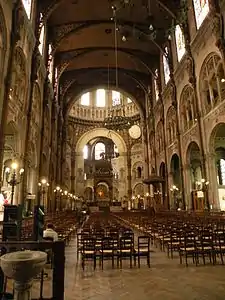 The interior of Saint-Augustin; with the roof supported by slender iron columns (1860–71)