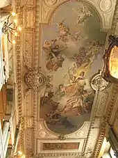 Stockholm Palace ceiling with symbolic figures: Religion, Peace, Science, Industry, and more.