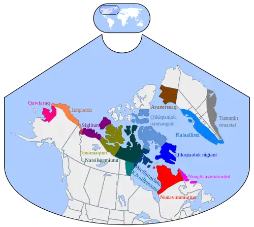 Inuktitut dialect map with labels in Inuktitut inuujingajut or local Roman alphabet