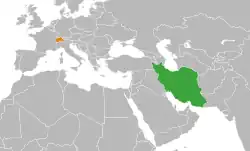 Map indicating locations of Iran and Switzerland