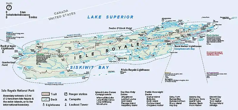 Rock Harbor listed in green on the right side of a map of Isle Royale