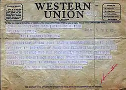 The US War Department telegram sent to Beyrle's family, incorrectly telling them of his death, September 1944