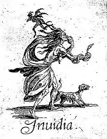 The Seven Deadly Sins - Envy, engraving by Jacques Callot. The snake and the dog are both symbols for envy.[citation needed]