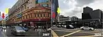 Combination of pictures showing the current Pasar Seni MRT station Entrance A in 2020 (right) and the same site in 2007 (left) where the former Uda Ocean Shopping Centre was located.