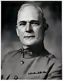 Black and white 1940 restored head and shoulders photo of Brigadier General James R. Lindsay in dress uniform, facing slightly right, looking front