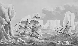  Stylized drawing of two sailing ships caught in rough seas, surrounded by towering icebergs.