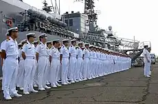 Japanese officers and sailors assigned to the JDS Kashima on a port call in Pearl Harbor, 2004