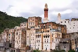 Both of the mosque's minarets, as seen from below