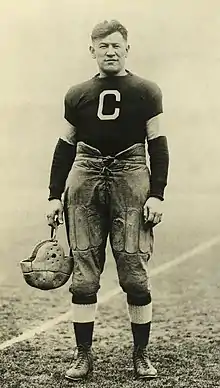 A black-and-white photograph of Jim Thorpe in his Canton Bulldogs football jersey.