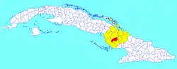 Jimaguayú municipality (red) within  Camagüey Province (yellow) and Cuba