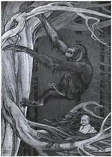 Black-and-white photograph of artwork possibly done with pastels, of a climbing orangutan up to a human infant/toddler in a nest