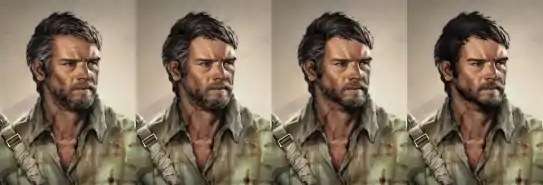 Four images depicting a man with dark brown hair and beard, wearing a flannel shirt and looking to the right. From left to right, he gets younger, with less wrinkles and grey hair in each iteration.