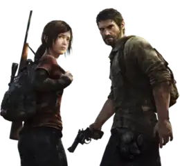 Artwork of a teenage girl, with brown hair. She has a backpack, with a sniper rifle strapped to her side, and is standing beside a man in his 40's, who has brown hair and beard, and a revolver in his right hand.