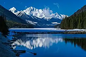 Mt. Matier (left) and Joffre Peak reflected in Duffy Lake