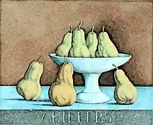 color etching depicting seven yellowpears and a footed dish