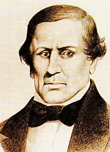 A sepia drawing of a severe-looking man in a bow tie, his eyes averted.