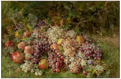 Grapes and landscape painting.Fruits by Julia Alcayde y Montoya; 1926, 72 × 106 cm, Prado Museum.