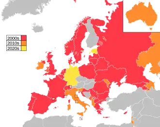 Map of countries in Europe, North Africa and Western Asia, with Australia as an insert in the top-right corner, coloured to indicate the decade in which they first participated in the contest: 2000s in red, 2010s in orange, 2920s in yellow