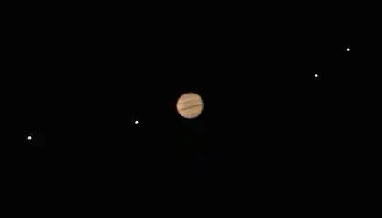 Jupiter and all of the Galilean moons as seen through an 25 cm (10 in) amateur telescope (Meade LX200).