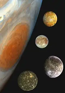 Image 5A composite montage comparing Jupiter (lefthand side) and its four Galilean moons (top to bottom: Io, Europa, Ganymede, Callisto). (from History of physics)