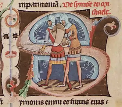 Chronicon Pictum, Hungary, Hungarian nobility, Simon and Michael, knight, shield, sword, helmet, ancestor, forefather, Nagymartoni family, Bojót family, medieval, chronicle, book, illumination, illustration, history