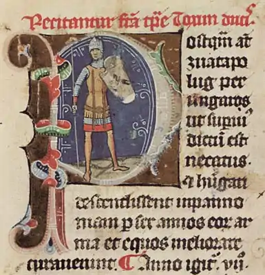 Chronicon Pictum, Hungary, Taksony, Hungarian, Grand Prince, Turul bird, shield, spear, armor, helmet, medieval, chronicle, book, illumination, illustration, history