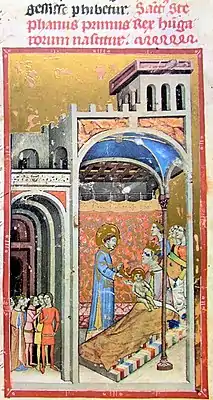 Chronicon Pictum, Hungarian, Hungary, King Stephen, martyr Saint Stephen, Sarolt, mother, baby in the lap, crown, halo, crown, bed, building, arch, palace, castle, medieval, chronicle, book, illumination, illustration, history