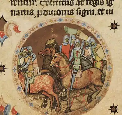 Chronicon Pictum, Hungarian, Hungary, King Solomon, Prince Géza, escape, flee, horse, knights, betrayal, shield, killing, Petrud, Bikas, medieval, chronicle, book, illumination, illustration, history