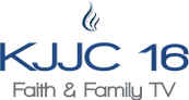 A silver and blue symbol resembling a flame. Beneath it, in large blue text, "KJJC-TV 16". Beneath that, in smaller gray text, "Faith & Family TV".