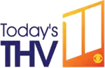 At left, in navy blue in a geometric sans serif on two lines, the words Today's and T H V, with T H V bolder and larger. To the right on an orange gradient box with an angled top is a vertically slanted 11, the left numeral 1 extending slightly to the edge. A yellow CBS eye sits in the lower right corner.