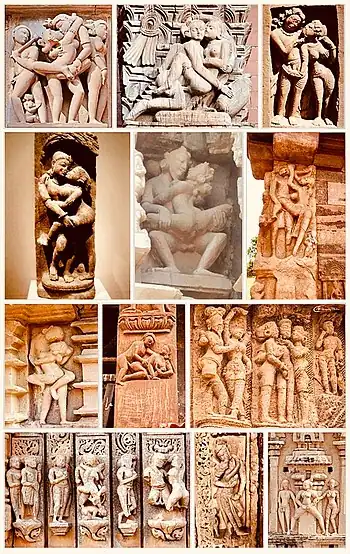 Kama-related arts are common in Hindu temples. These scenes include courtship, amorous couples in scenes of intimacy (mithuna), or a sexual position. Above: 6th- to 14th-century temples in Madhya Pradesh, Uttar Pradesh, Rajasthan, Gujarat, Karnataka, Chhattisgarh, Odisha, Tamil Nadu, Andhra Pradesh, and the Himalayas.