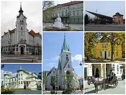 From the left: City Hall of Kaposvár, County Hall of Somogy, University of Kaposvár, Csiky Gergely Theatre, Cathedral of Kaposvár, Rippl-Rónai Villa and the statue of József Rippl-Rónai