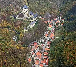 Aerial view of Karlštejn town and castle