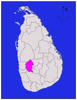 Area map of Kegalle District, roughly oval in shape is located to the south east of the centre of the country, in the Sabaragamuwa Province of Sri Lanka