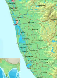 Topographical chart of the backwaters region, centered on the districtrs of Eranakulam, Alappuzha, Kottayam, Pathanamthitta, and Kollam.