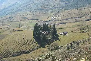 Picture of Khiraule Village and Khiraule Monastery (encircled by pine trees) captured on 6 December 2007