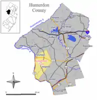 Location of Kingwood Township in Hunterdon County highlighted in yellow (right). Inset map: Location of Hunterdon County in New Jersey highlighted in black (left).