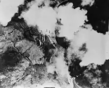 Aerial photo of a U.S. Army Air Forces bombardment on Kiska Island in 1942.