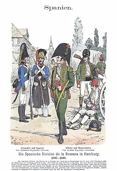 Colored print shows men in early 19th century military uniforms. The grenadier and sapper at the left belonging to the Princesa Line Infantry wear blue coats with fur hats. The officer and enlisted man at the right from the Catalonia Light Infantry wear green hussar-style jackets.