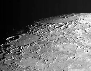 Oblique view of Mendelssohn and Kofi craters from MESSENGER's first flyby in January 2008