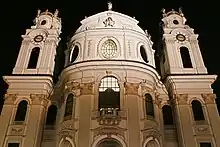 The facade of the church at night