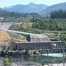 Kootenay River between Nelson, BC and Castlegar, BC, CanadaSouth Slocan Dam buildings are at the bottom of the frame