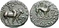 Kujula Kadphises Tetradrachm. Obv Brahma bull standing right, with Triratana above. Blundered Greek legend. Rev Camel standing right. Kharoshthi legend Maharayasa Rayatirayasa Kuyula Kara Kapasa.