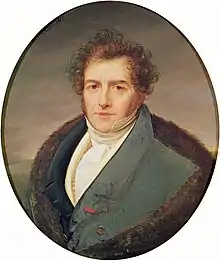 painting of clean-shaven white man, with neat short dark hair